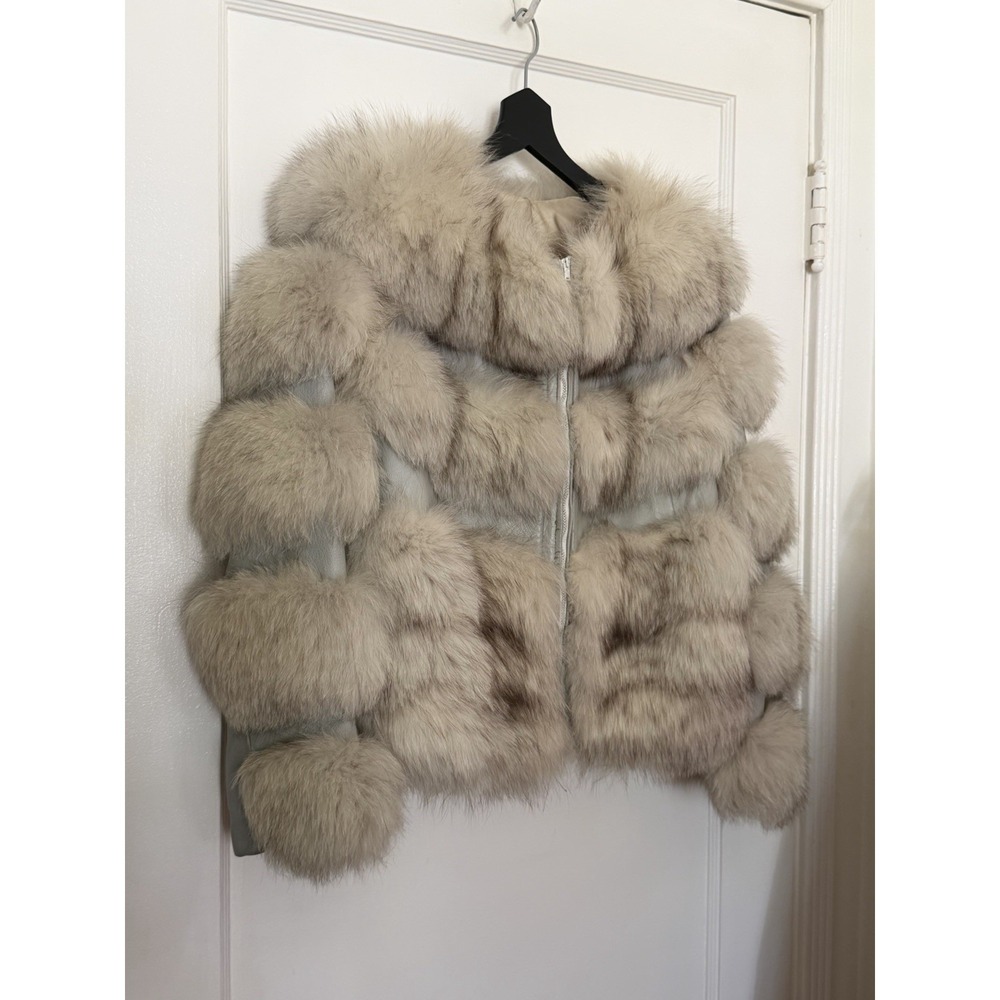 Fox Fur Leather Vintage Jacket Small Extra Small Blue Natural Real Lined Cropped